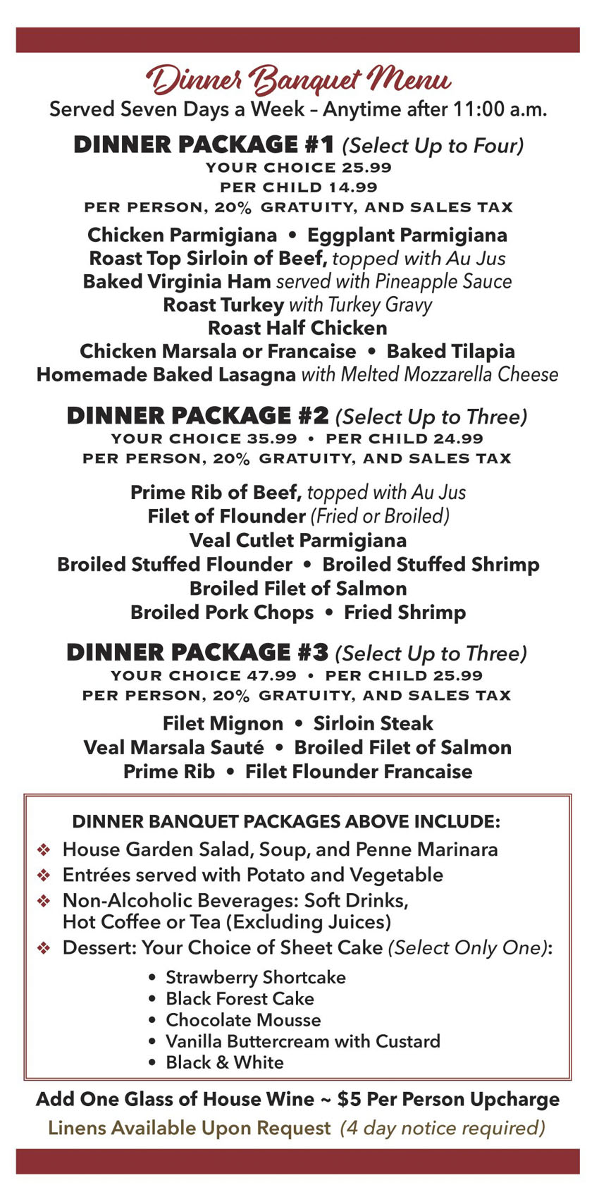 Town and country diner Banquet Menu